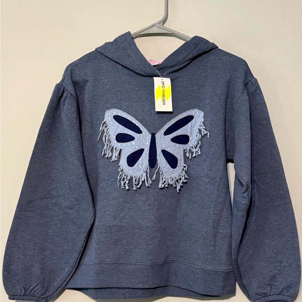 Epic Threads Navy Hooded Sweatshirt with Fringe Butterfly Applique